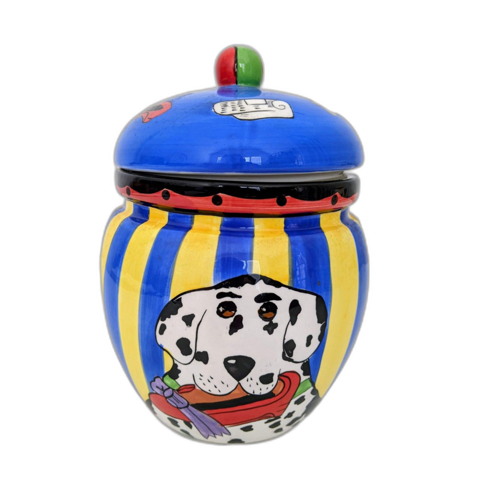 Vintage 2001 Candace Reiter Designs "Dogzilla" Blue and Yellow CeramicTreat Jar